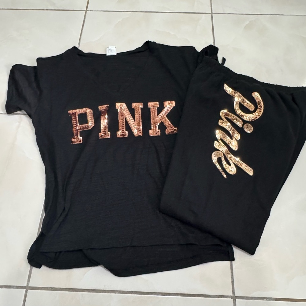 Victoria's Secret Pink Bling Tee Shirt + Leggings Set Black Gold